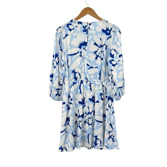 LOFT Blue & White Floral Print Linen Blend Elastic Waist Summer Blouson Dress - Picture 11 of 13
